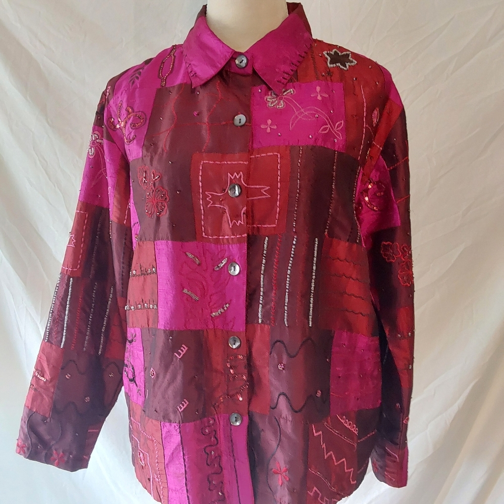 Bleu Bayou Red/Pink Silk Patchwork Beaded Jacket Size S